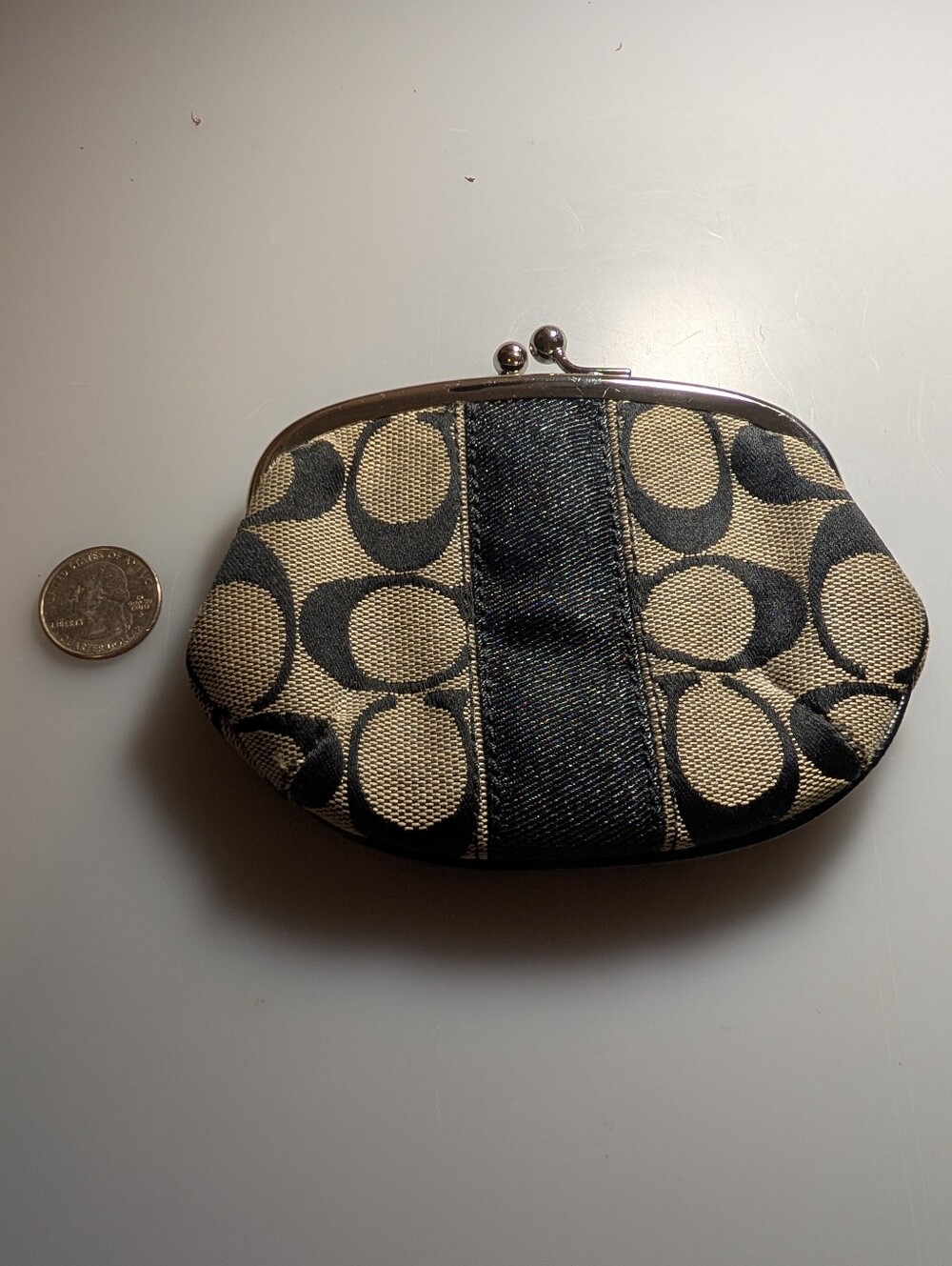 Coach Signature Coin Kiss-Lock Pouch in Black and Khaki